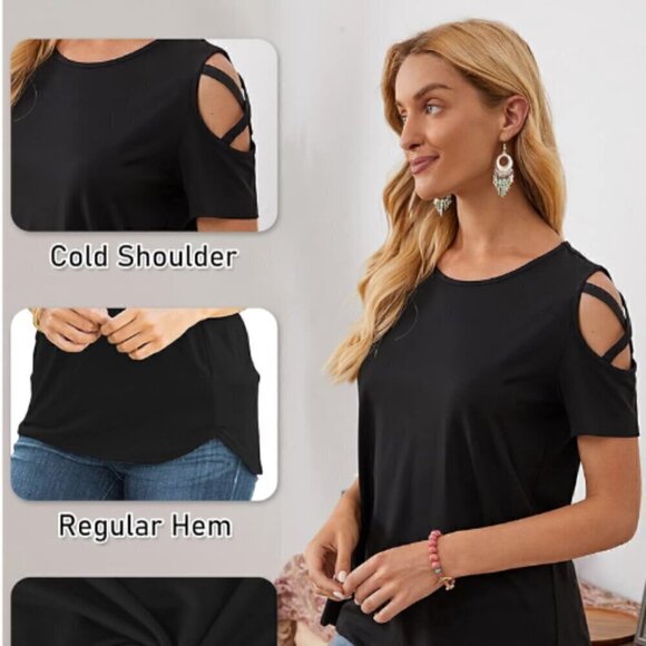 NWT-Sarin Mathews- Womens Strappy Cold Shoulder Tops Casual Tees Loose Basic T - Picture 5 of 6